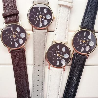 Moon Eclipse Watch Leather Watchband Unisex Wrist Watch For Men Lady Retro Round Quartz