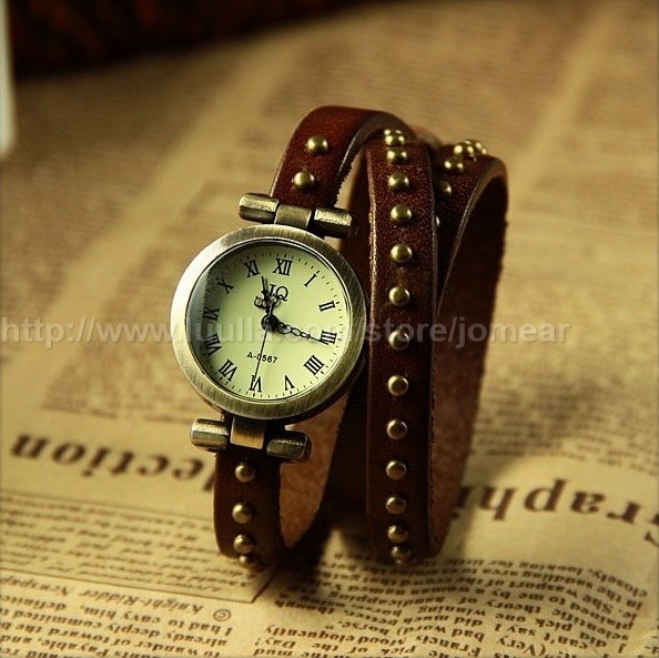 Classical Design Real Leather Chain Watch Roman Numerals Hour Mark Dark Brown