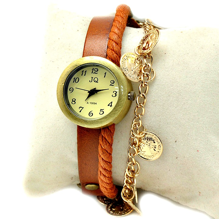 Golden Pendant Leather Band Women Girl Lady Quartz Clock Wrist Watches Light Brown