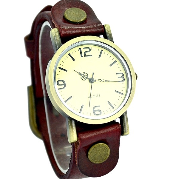 Vintage Leather Watchband Unisex Wrist Watch For Men Lady Retro Round Quartz Red