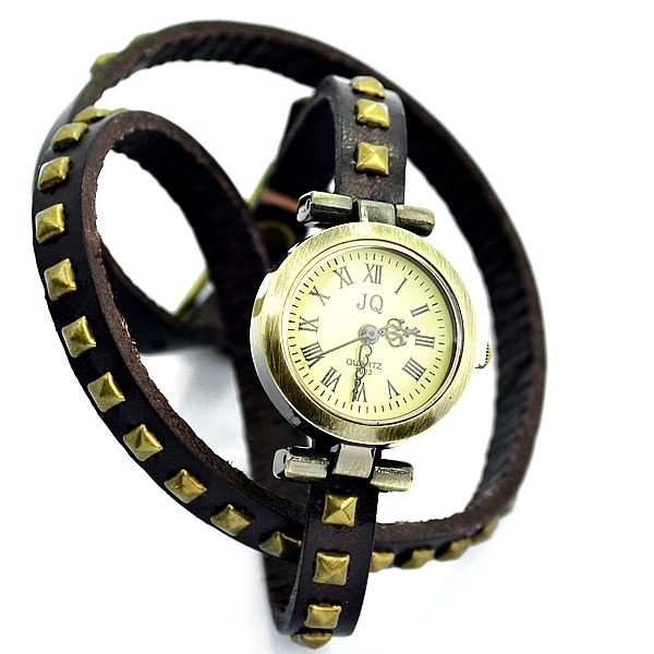Vintage Round Quartz Rivet Leather Watchband Black Unisex Lady Girl Men Wrist Watch Dark Brown