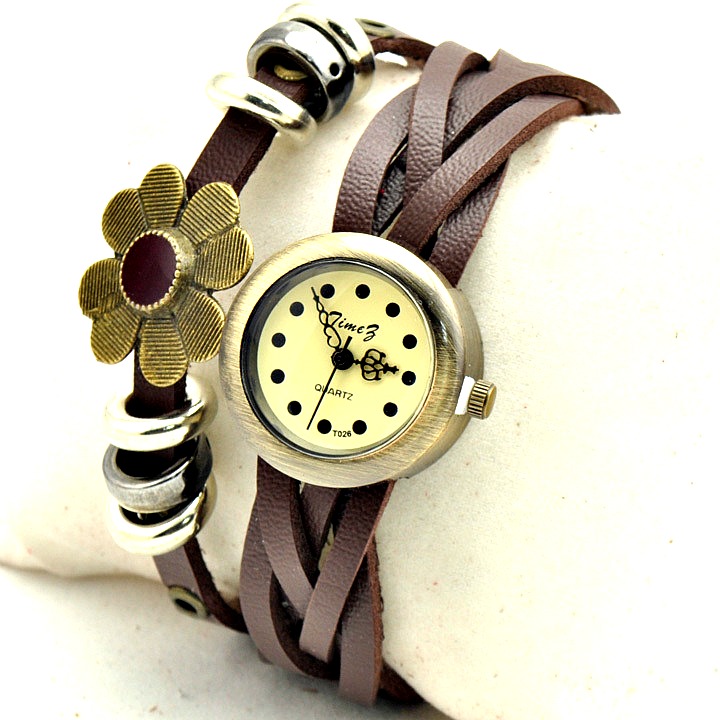 Vintage Weaving Leather Flower Band Classic Face Woman Girl Quartz Wrist Watch Brown