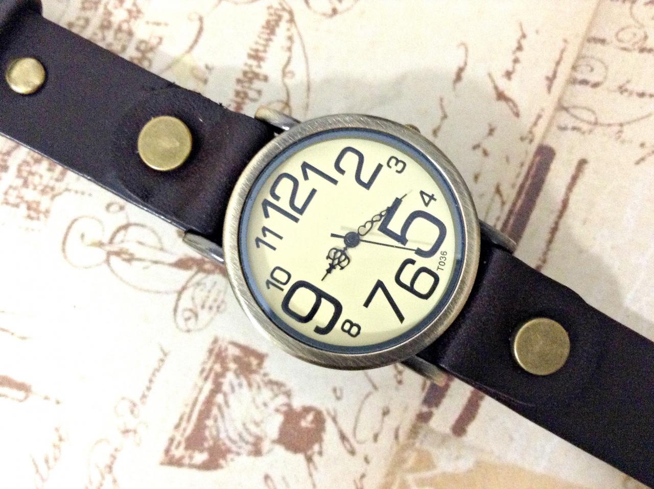 Handmade Vintage Big Arabic Numerals Face Leather Watchband Unisex Wrist Watch For Men Lady Retro Round Quartz Dark Brown