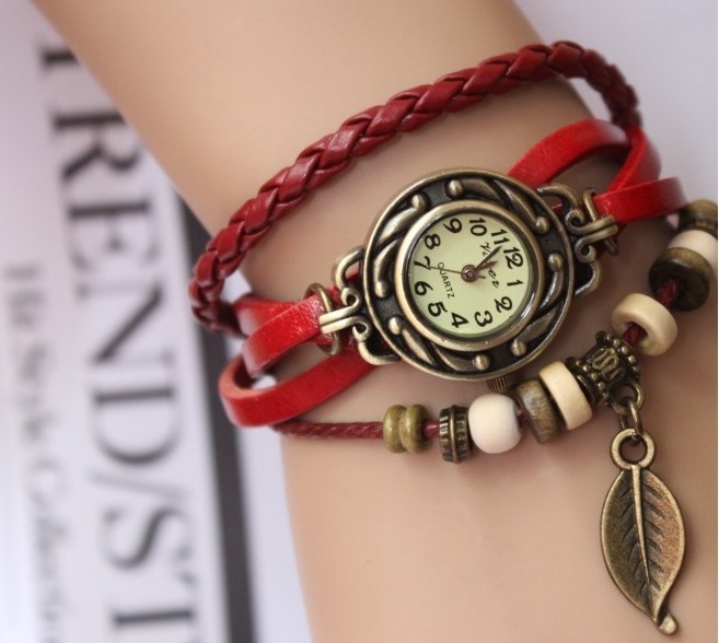 Handmade Vintage Style Leather Band Watches Woman Girl Lady Quartz Wrist Watch Red