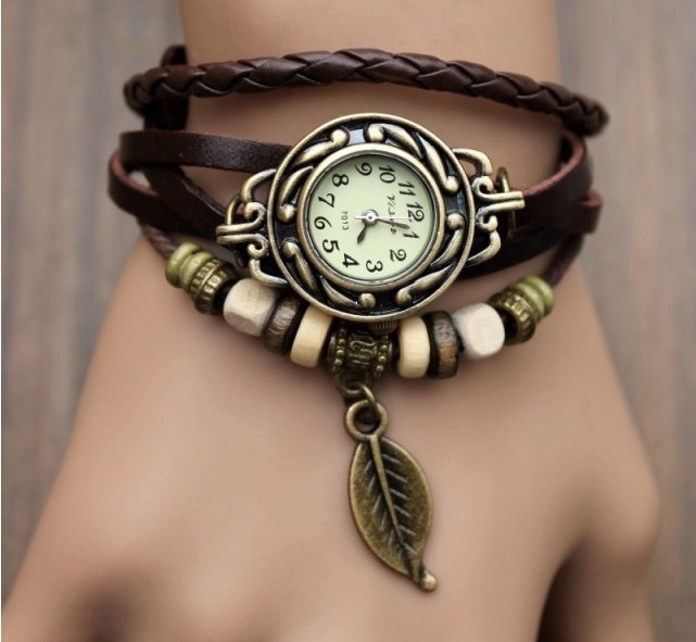 Handmade Vintage Style Leather Band Watches Woman Girl Lady Quartz Wrist Watch Dark Brown