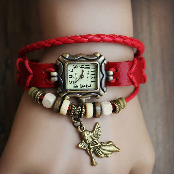 Handmade Vintage Real Leather Strap With Little Angel Charm Decorated Watches Woman Girl Quartz Wrist Watch Bracelet Watch Red