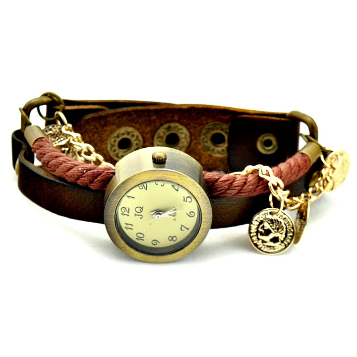 Golden Pendant Leather Band Women Girl Lady Quartz Clock Wrist Watches Dark Brown