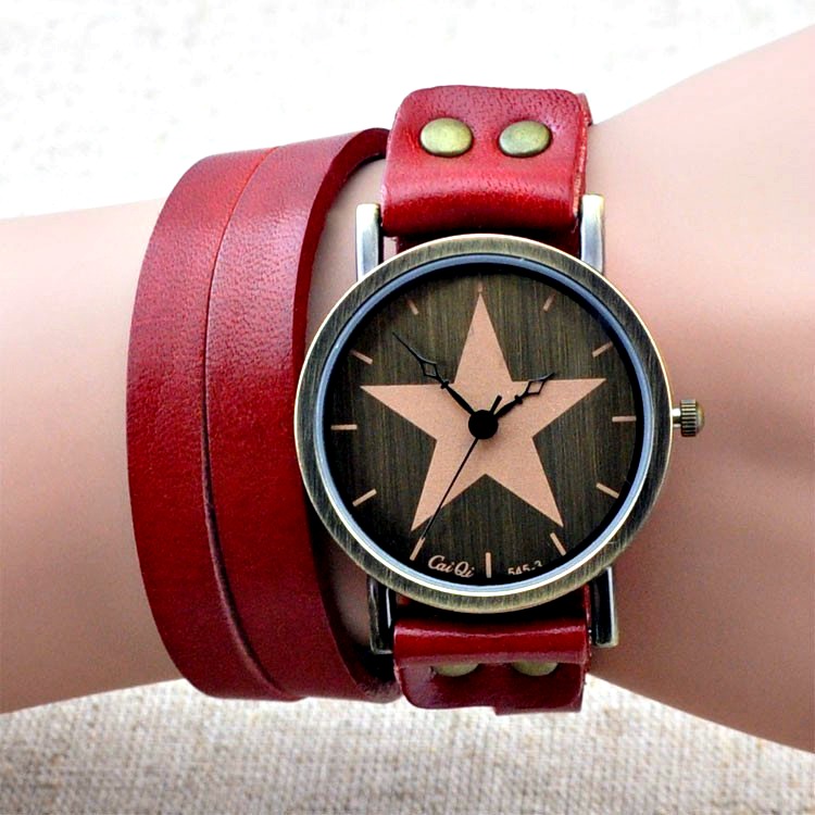 Handmade Vintage Genuine Real Leather Watches Band Lady Woman Girl Quartz Wrist Watch Red