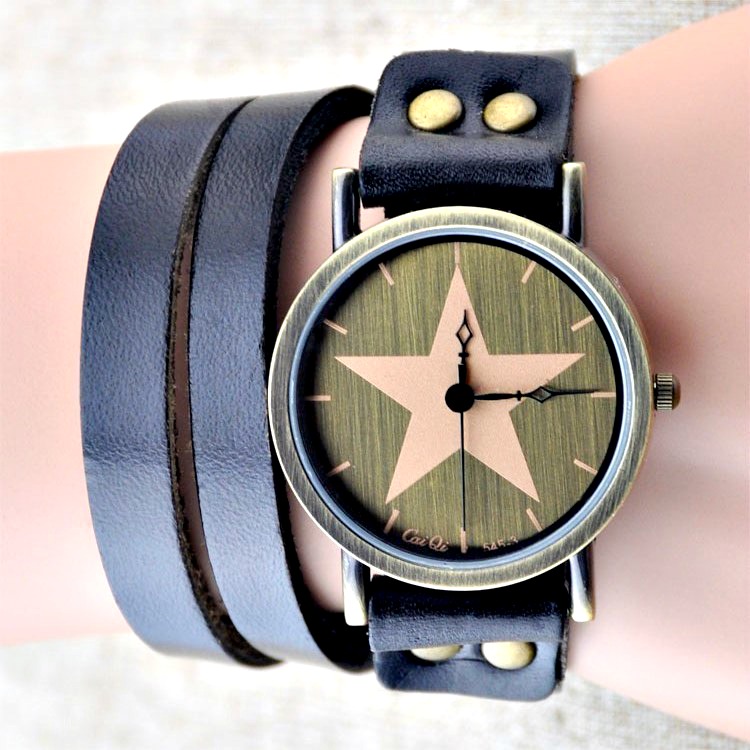 Handmade Vintage Genuine Real Leather Watches Band Lady Woman Girl Quartz Wrist Watch Black