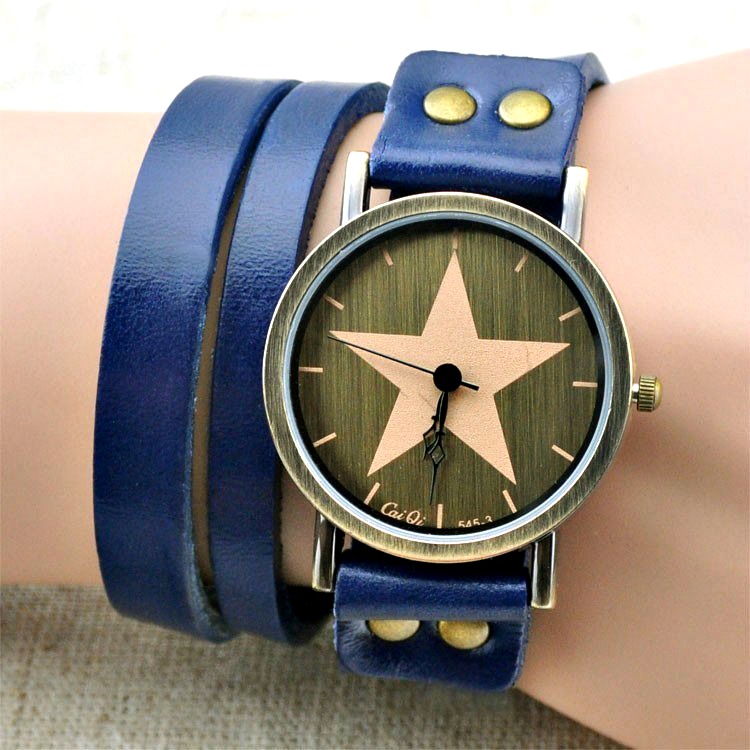 Handmade Vintage Genuine Real Leather Watches Band Lady Woman Girl Quartz Wrist Watch Blue