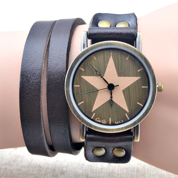 Handmade Vintage Genuine Real Leather Watches Band Lady Woman Girl Quartz Wrist Watch Dark Brown