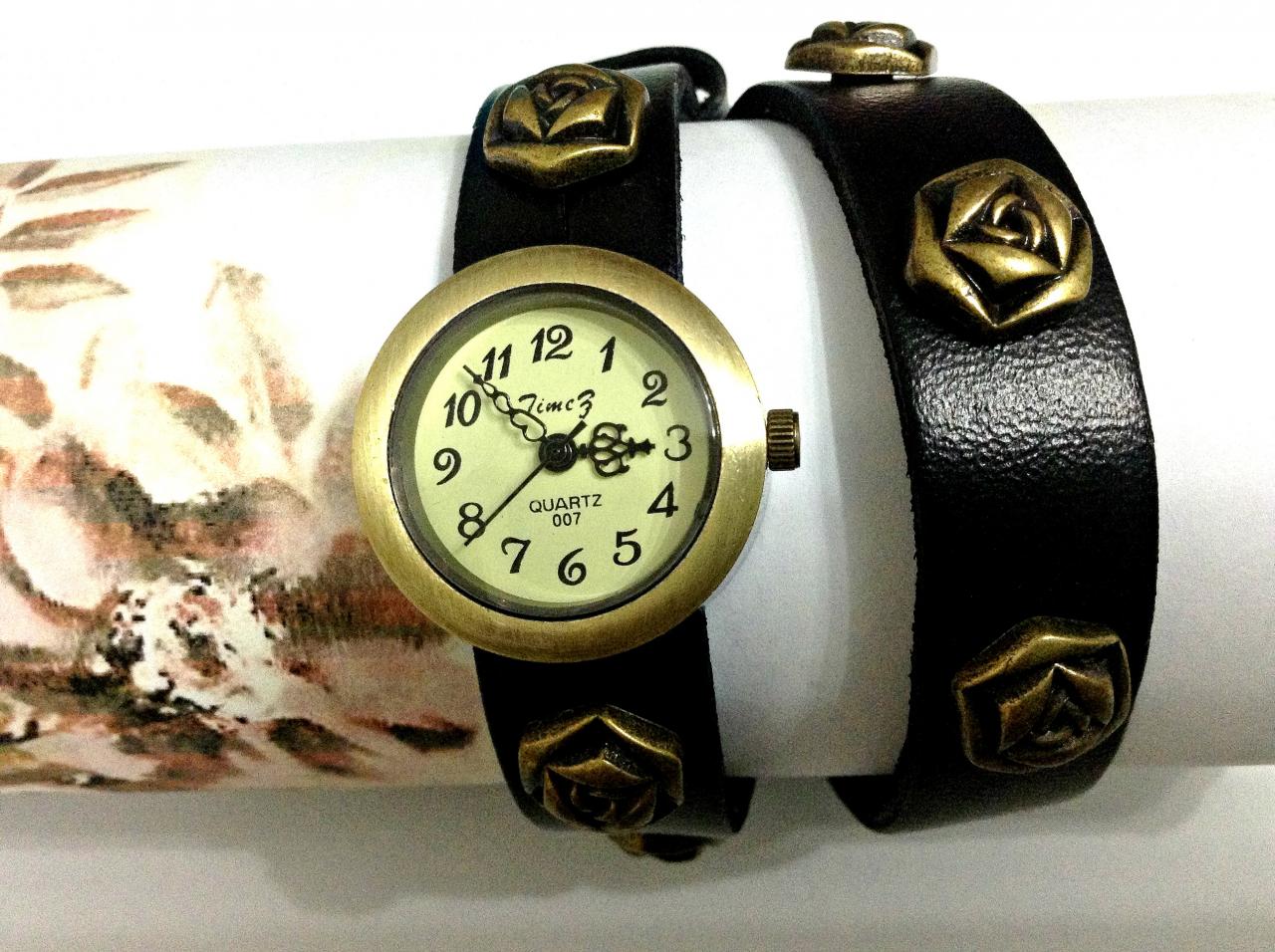 Handmade Vintage Flower Leather Band Elegant Watches Woman Girl Quartz Wrist Watch Black