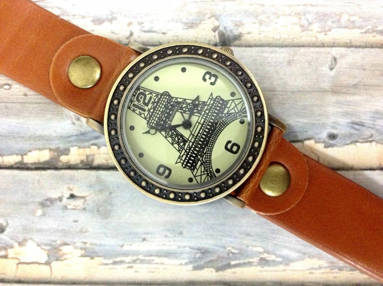 Vintage Eiffel Tower La Tour Analog Elegant Watches Leather Woman Girl Quartz Wrist Watch Light Brown