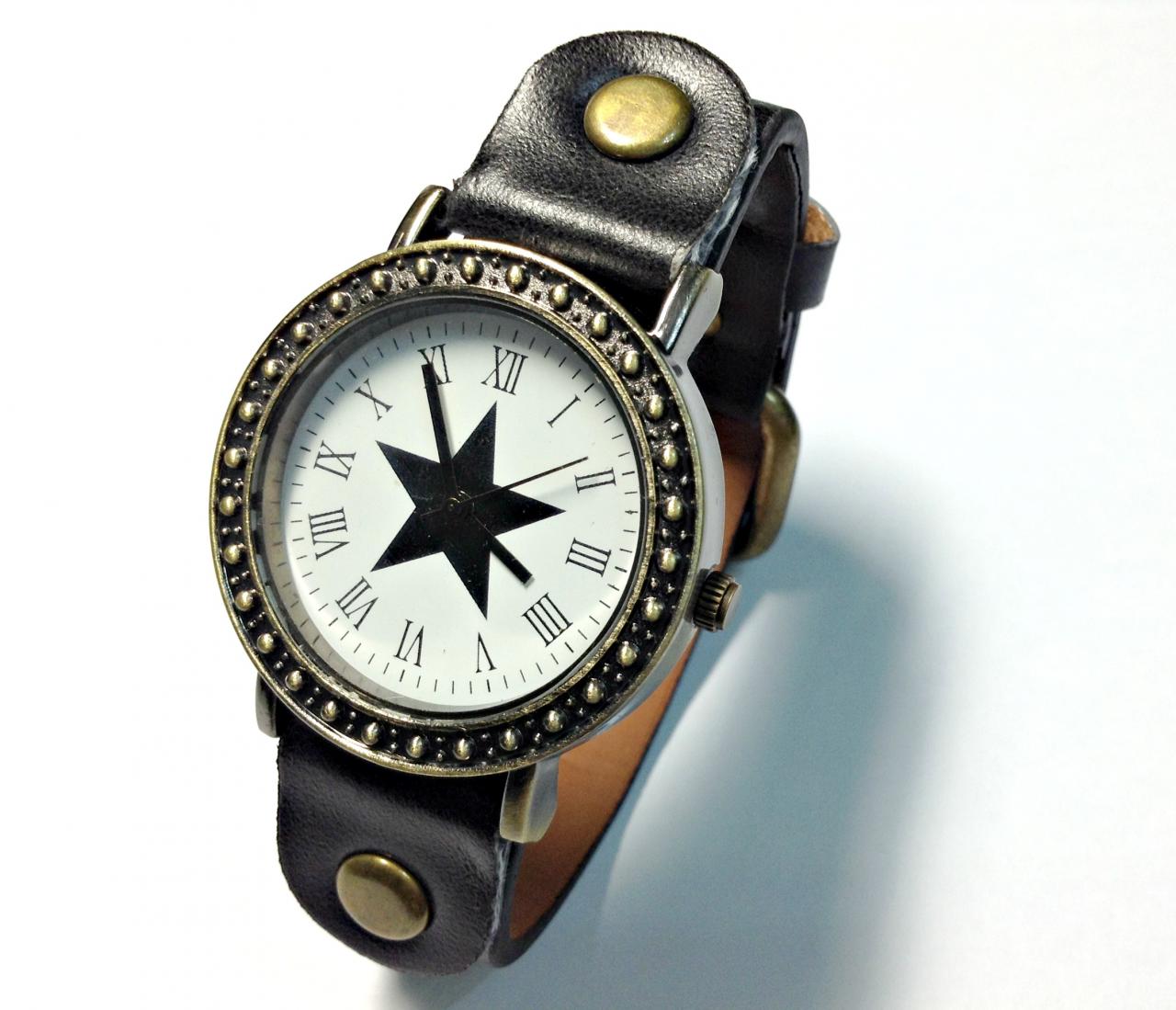 Vintage Star Face Leather Band Watches Woman Girl Quartz Wrist Watch Black