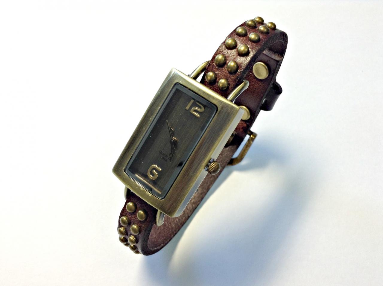 Handmade Vintage Leather Band Watches Woman Lady Girl Quartz Wrist Watch Dark Brown