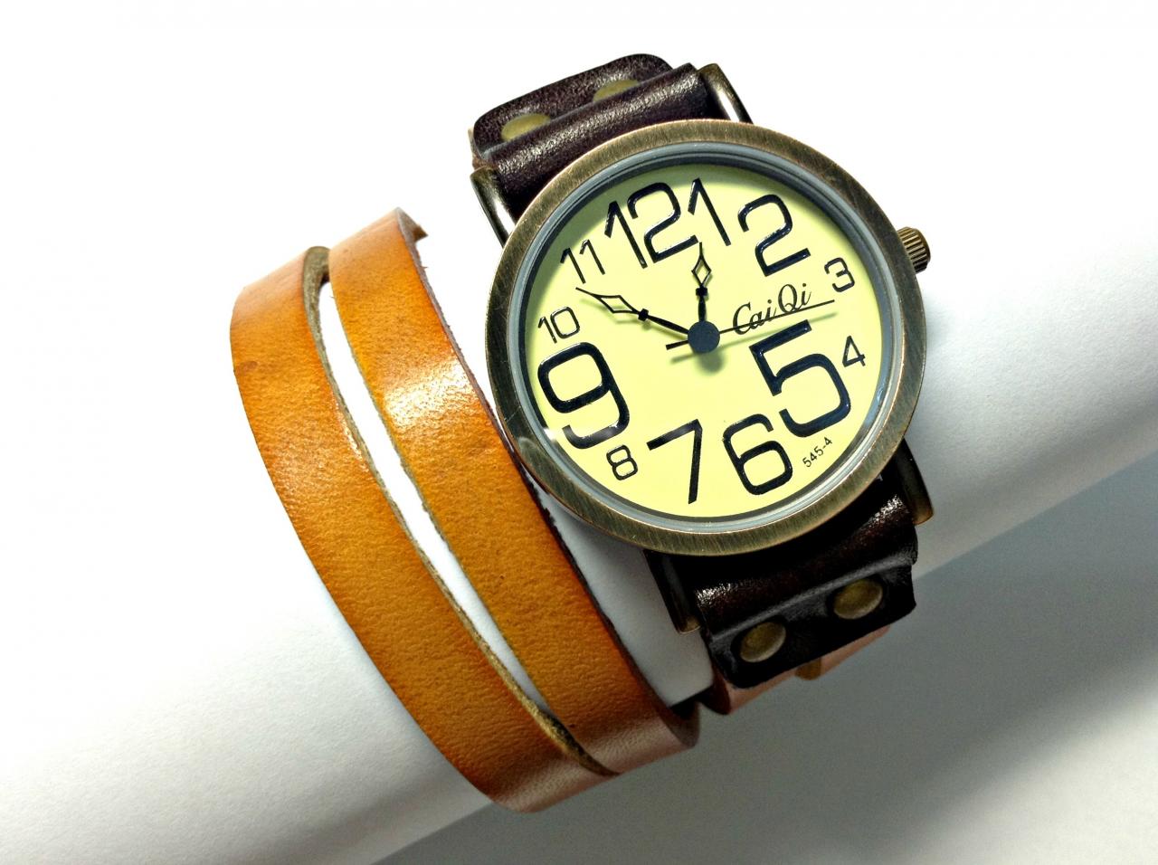 Handmade Vintage Big Arabic Numerals Face Leather Watchband Unisex Wrist Watch For Men Lady Girl Retro Round Quartz Light Brown
