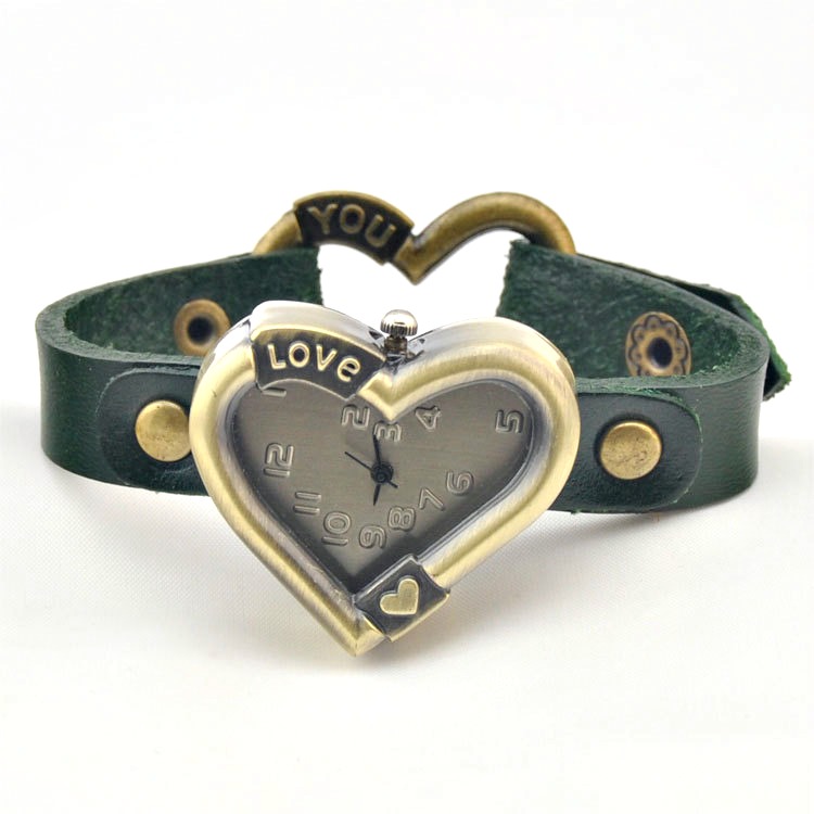 Handmade Vintage Leather Band Love Heart Classical Face Watches Woman Girl Lady Quartz Wrist Watch Dark Green