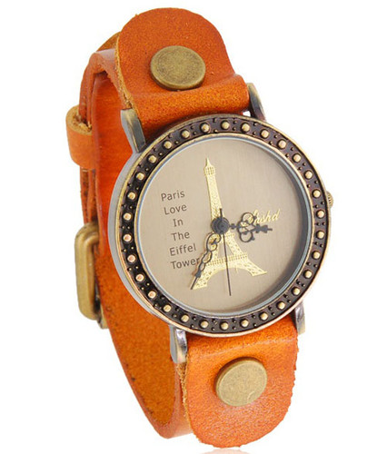 Handmade Vintage Eiffel Tower Pattern Analog Watches Leather Band Woman Girl Quartz Wrist Watch Light Brown