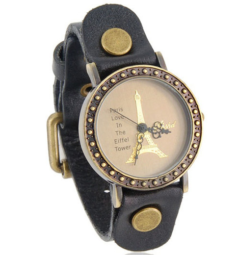 Handmade Vintage Eiffel Tower Pattern Analog Watches Leather Band Woman Girl Quartz Wrist Watch Black