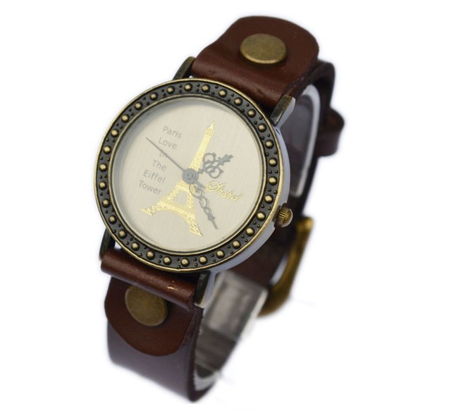 Handmade Vintage Eiffel Tower Pattern Analog Watches Leather Band Woman Girl Quartz Wrist Watch Dark Brown