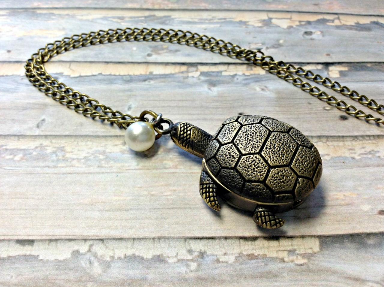 Handmade Vintage Turtle Pocket Watch Necklace With Pearl Pendant