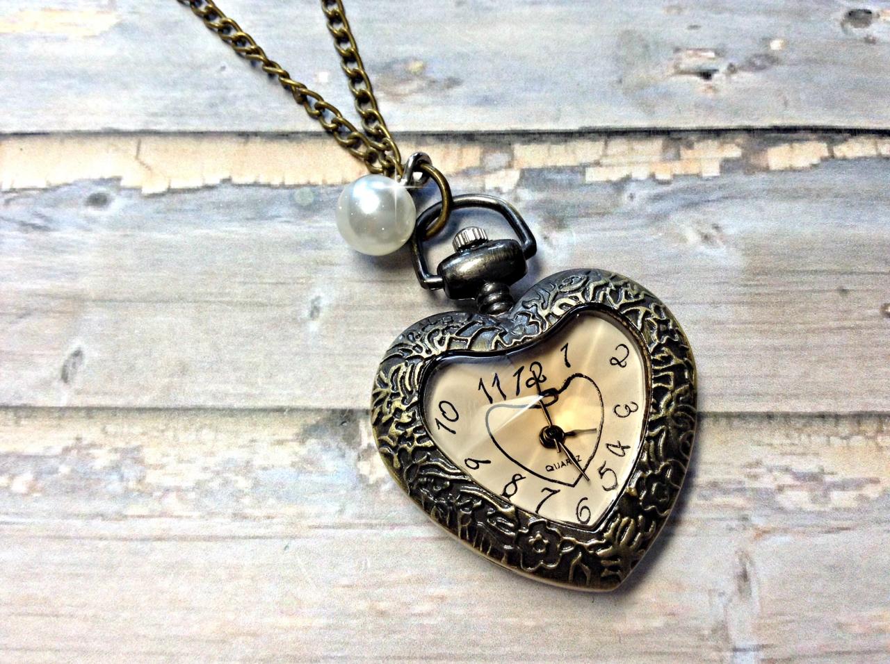 Handmade Vintage Heart Pocket Watch Necklace With Pearl Pendant