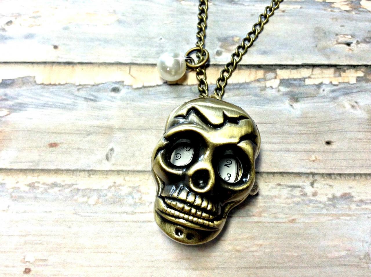 Handmade Vintage Skull Pocket Watch Necklace With Pearl Pendant