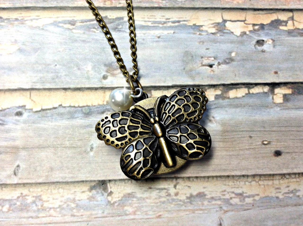 Handmade Vintage Butterfly Pocket Watch Necklace With Pearl Pendant