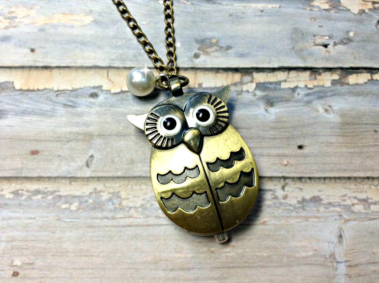 Handmade Vintage Owl Pocket Watch Necklace With Pearl Pendant