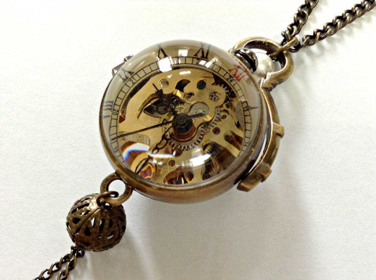 Handmade Vintage Crystal Ball Mechanical Pocket Watch Necklace With Pearl Pendant