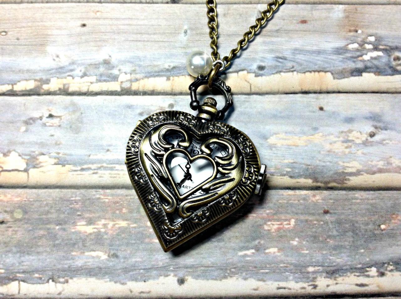 Handmade Vintage Style Heart Pocket Watch Necklace With Pearl Pendant
