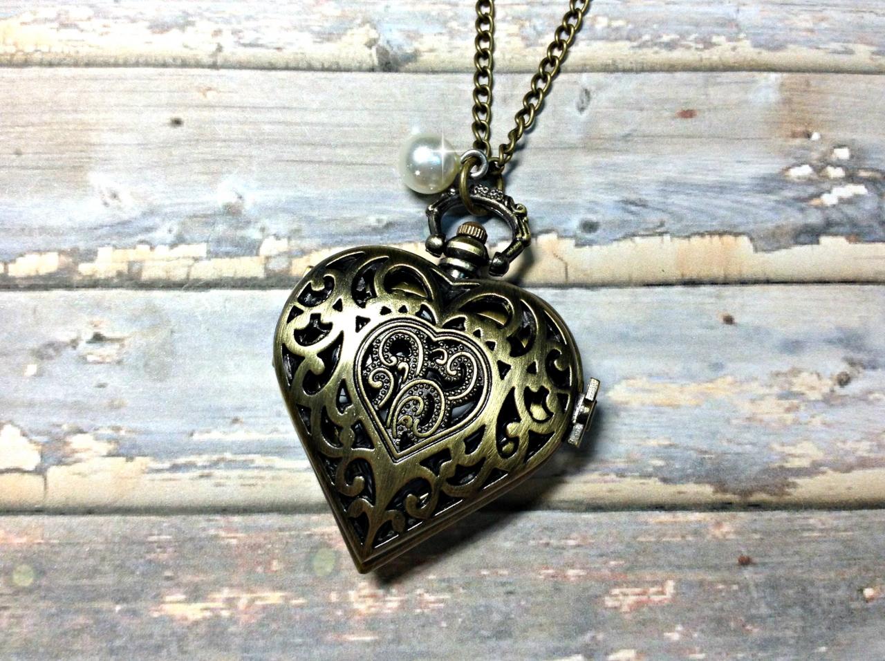 Handmade Vintage Pocket Watch Heart Necklace With Pearl Pendant