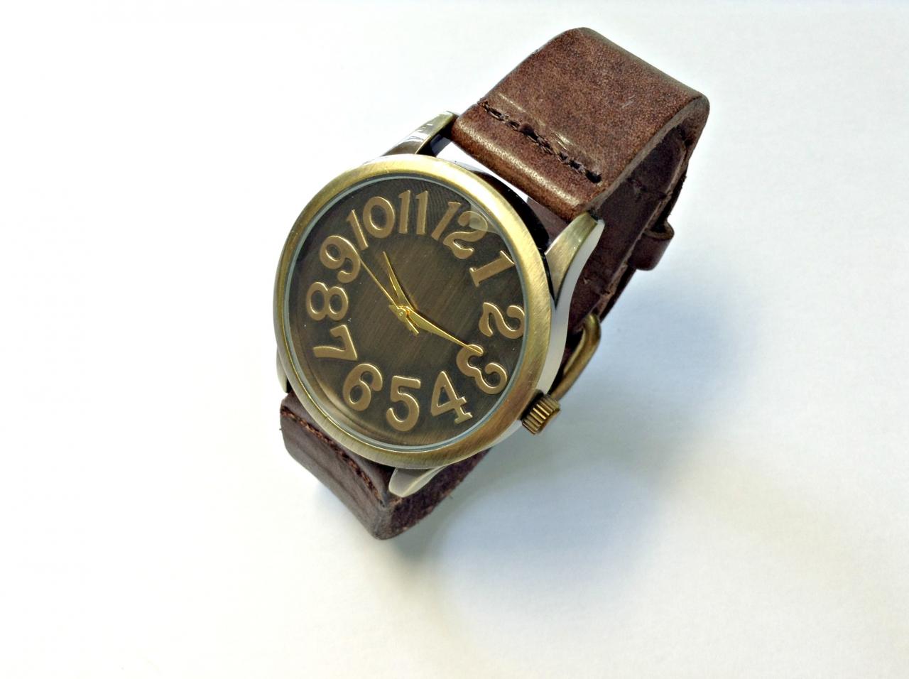 Handmade Vintage Classical Big Arabic Numerals Face Leather Band Men Women Girl Quartz Wristwatch Dark Brown