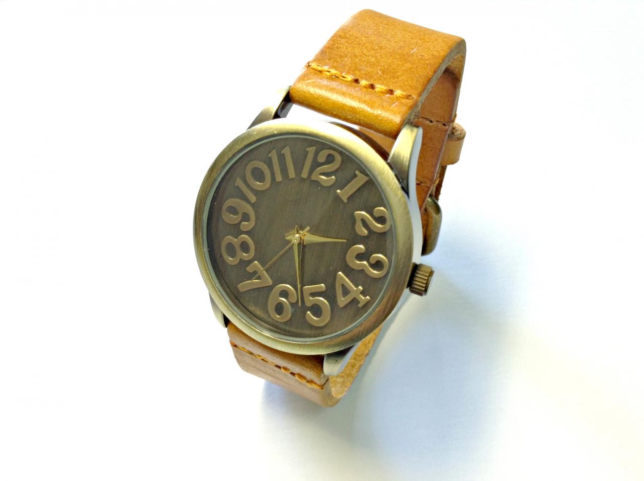 Handmade Vintage Classical Big Arabic Numerals Face Leather Band Men Women Girl Quartz Wristwatch Light Brown