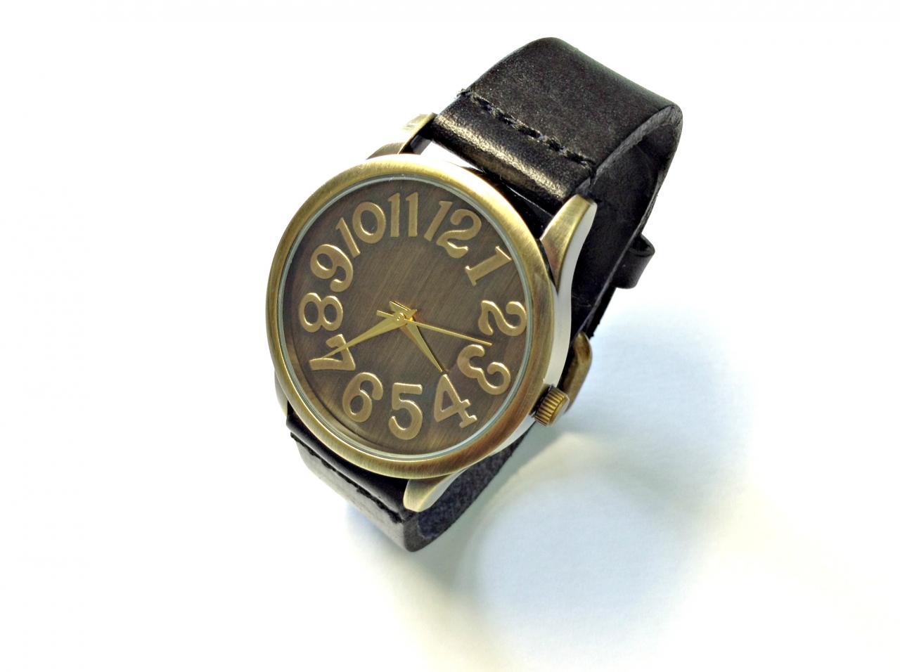 Handmade Vintage Classical Big Arabic Numerals Face Leather Band Men Women Girl Quartz Wristwatch Black