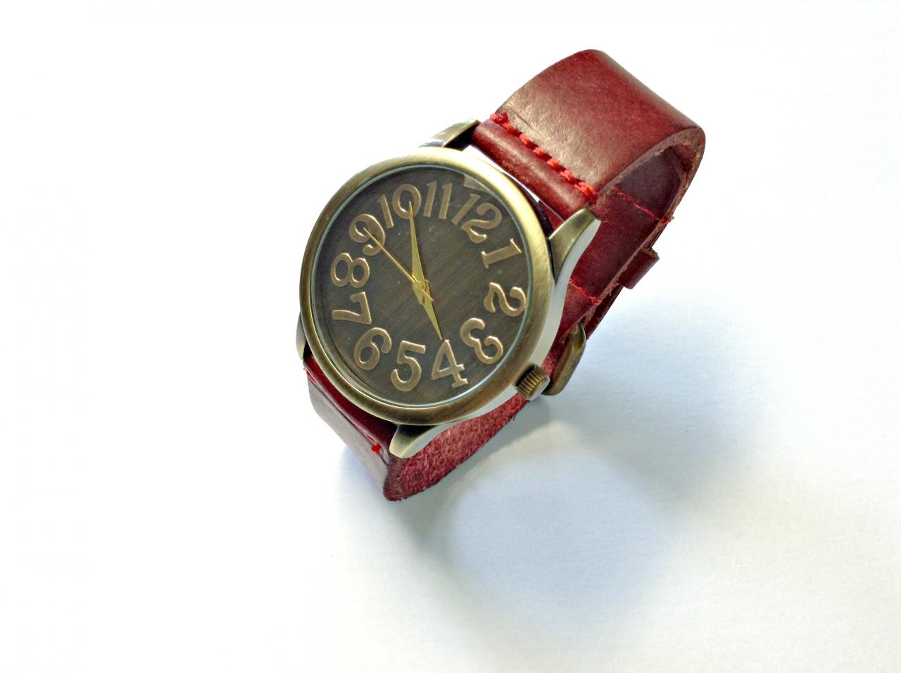 Handmade Vintage Classical Big Arabic Numerals Face Leather Band Men Women Girl Quartz Wristwatch Red
