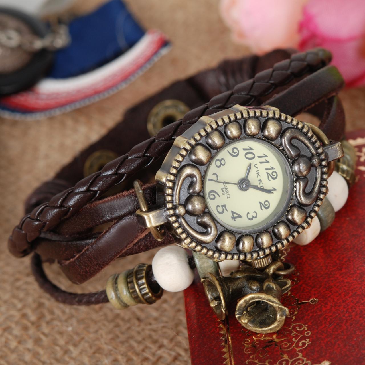 Handmade Vintage Quartz Weave Around Leather Bracelet Lady Woman Girl Wrist Watch With Bell