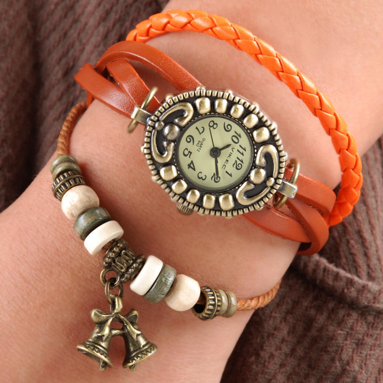 Handmade Vintage Quartz Weave Around Leather Bracelet Lady Woman Girl Wrist Watch With Bell Charm Light Brown