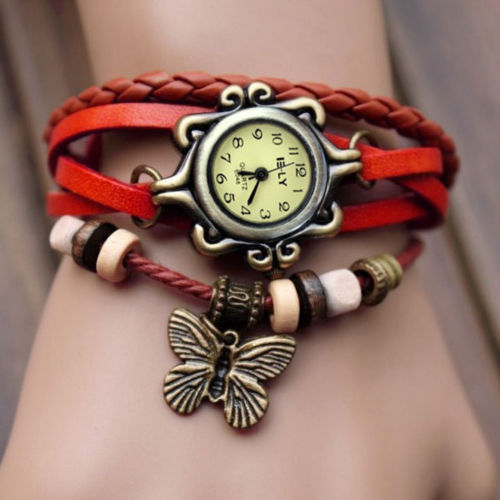 Handmade Vintage Quartz Weave Around Leather Bracelet Lady Woman Wrist Watch With Butterfly Charm Red