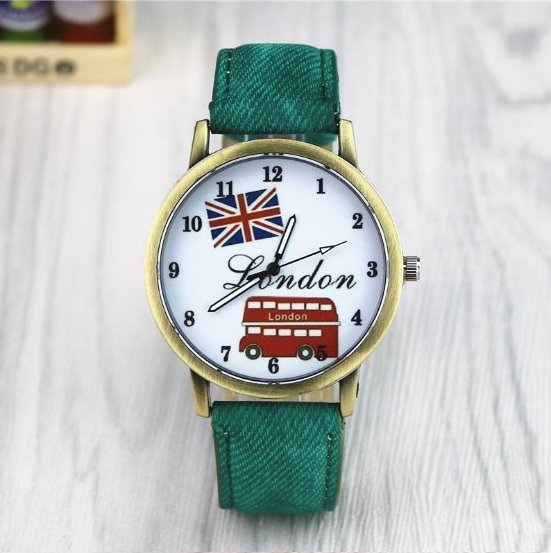 Handmade Vintage London Bus Face Leather Watchband Unisex Wrist Watch For Men Lady Retro Round Quartz Green