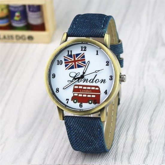 Handmade Vintage London Bus Face Leather Watchband Unisex Wrist Watch For Men Lady Retro Round Quartz Blue