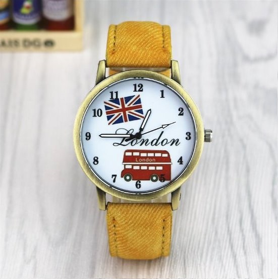 Handmade Vintage London Bus Face Leather Watchband Unisex Wrist Watch For Men Lady Retro Round Quartz Yellow