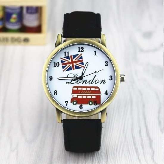 Handmade Vintage London Bus Face Leather Watchband Unisex Wrist Watch For Men Lady Retro Round Quartz Black