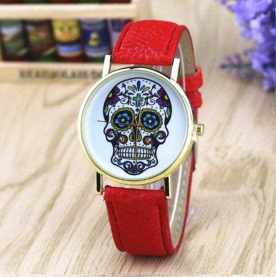Handmade Vintage Suger Skull Face Leather Watchband Unisex Wrist Watch For Men Lady Retro Round Quartz Red