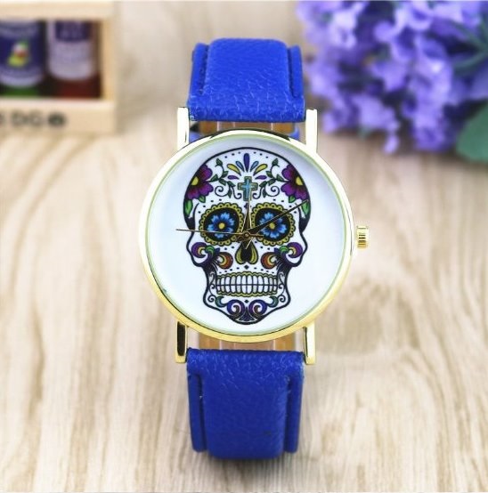 Handmade Vintage Suger Skull Face Leather Watchband Unisex Wrist Watch For Men Lady Retro Round Quartz Blue