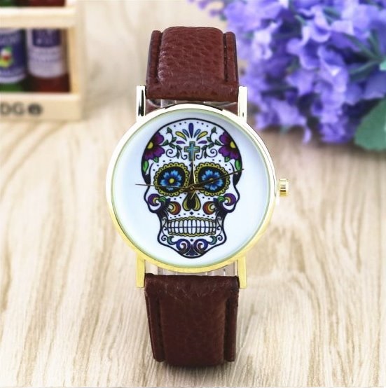 Handmade Vintage Suger Skull Face Leather Watchband Unisex Wrist Watch For Men Lady Retro Round Quartz Dark Brown