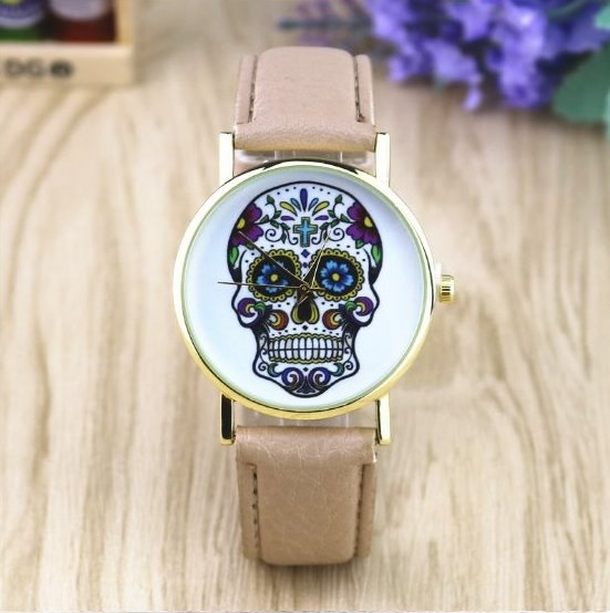 Handmade Vintage Suger Skull Face Leather Watchband Unisex Wrist Watch For Men Lady Retro Round Quartz Beige
