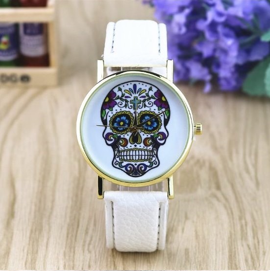Suger Skull Face Leather Watchband Unisex Wrist Watch For Men Lady Retro Round Quartz White