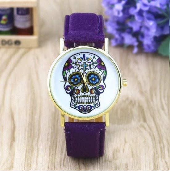 Handmade Vintage Suger Skull Face Leather Watchband Unisex Wrist Watch For Men Lady Retro Round Quartz Purple