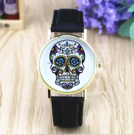 Handmade Vintage Suger Skull Face Leather Watchband Unisex Wrist Watch For Men Lady Retro Round Quartz Black